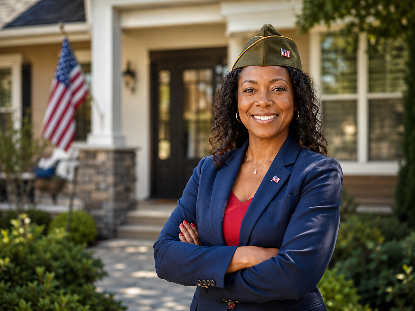 Female veteran smiling in front of her new home