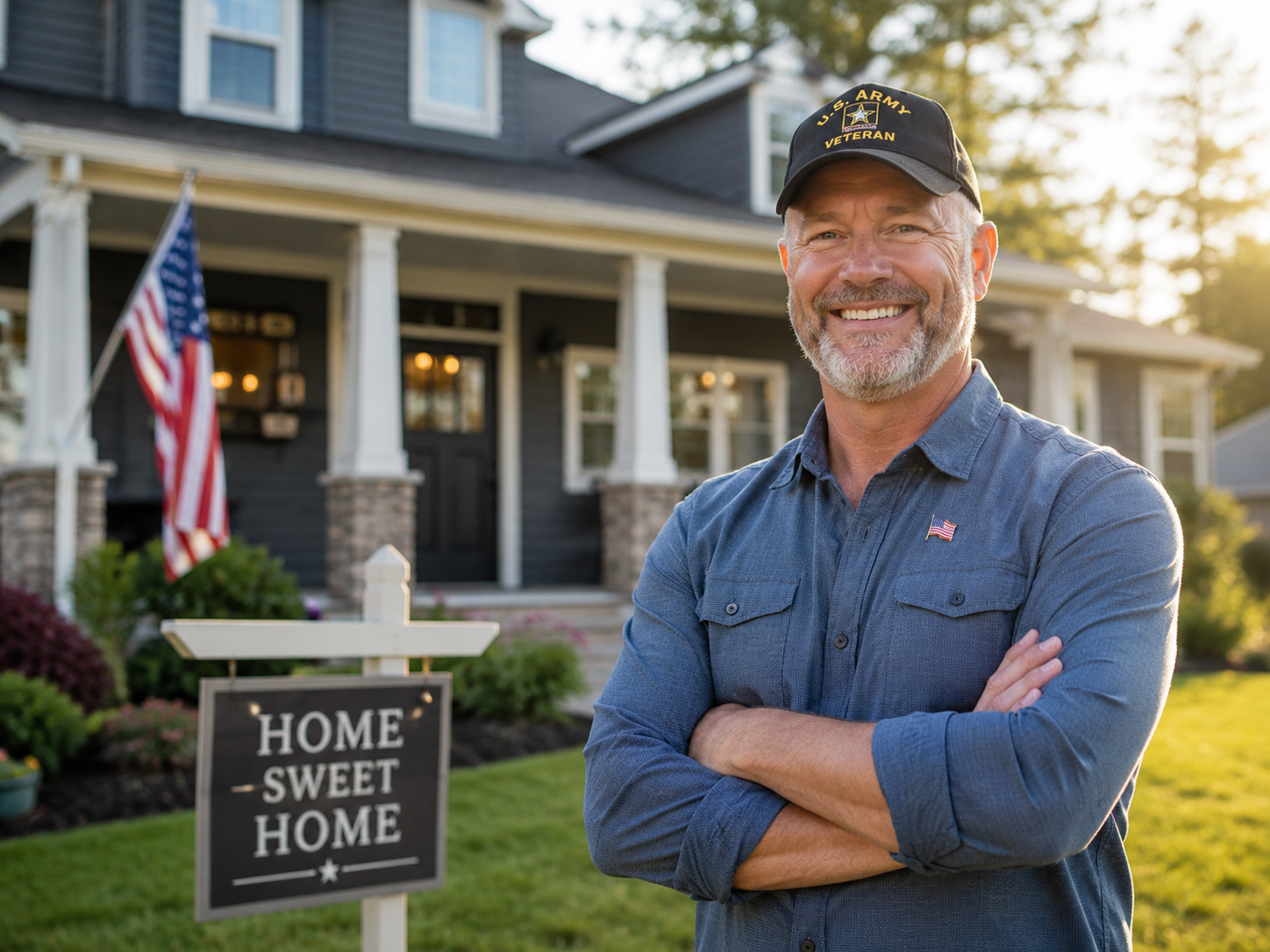 U.S. Army veteran smiling in front of his new home